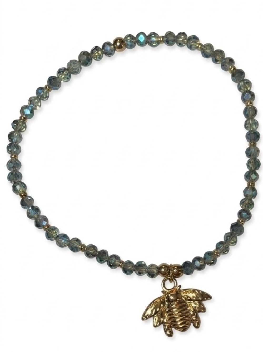 *ANKLET* S. Steel Gold Bee & AB Peridot Shimmer Crystal Stretchy Anklet